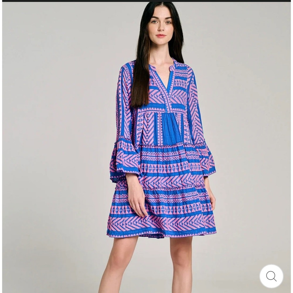 Devotion Twins Ella Blue Pink‎ Geometric Jacquard Tiered Mini Dress Wmns M Boho